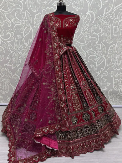 Marvelous Pink Embroidered Velvet Bridal Lehenga Choli With Double Dupatta - Ethnic Plus In